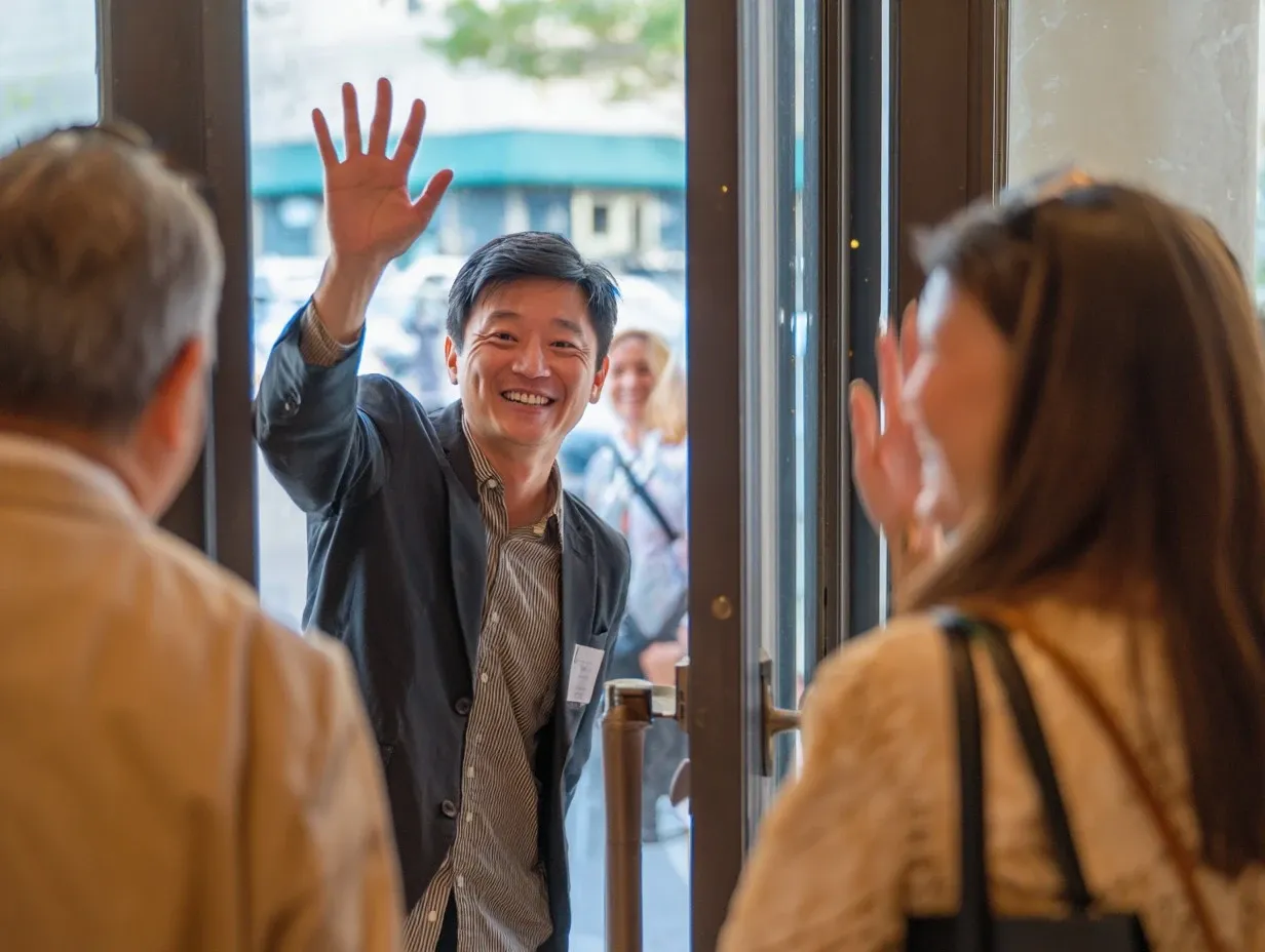 Donor waving goodbye at fundraising event