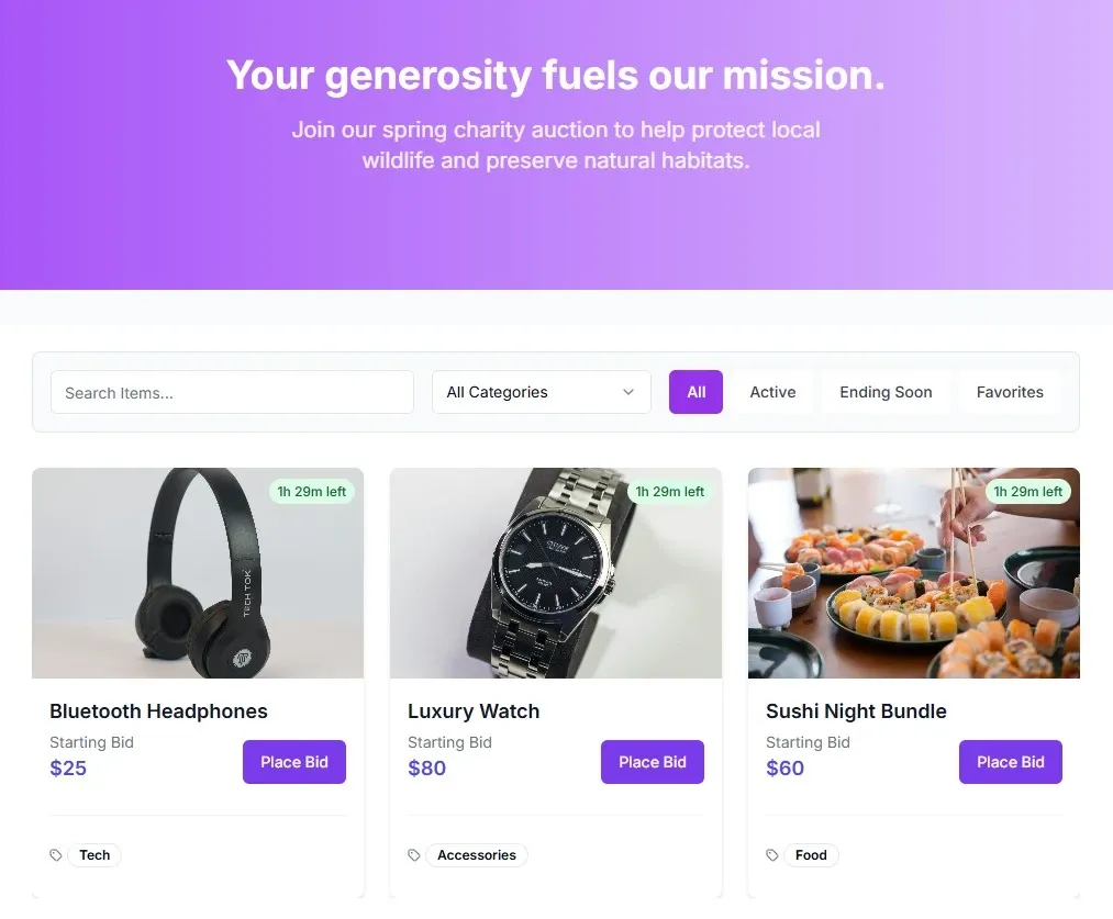 CharityAuctions professional auction page design