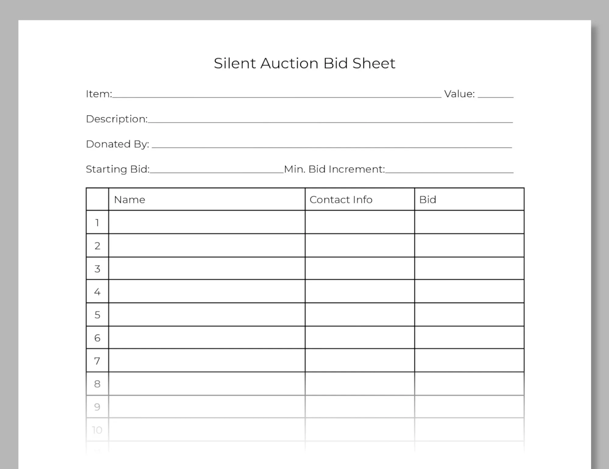 silent auction bid sheet preview