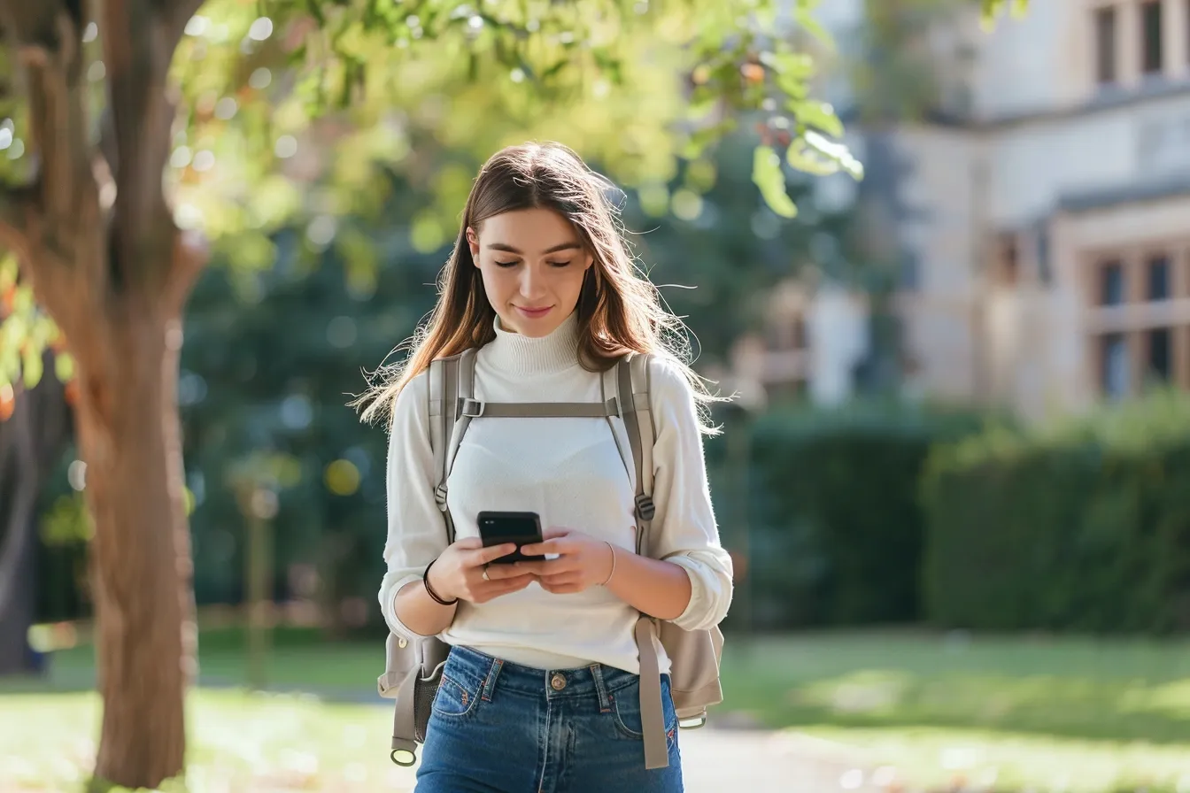 School fundraiser coordinator outside holding smartphone displaying mobile auction bidding interface